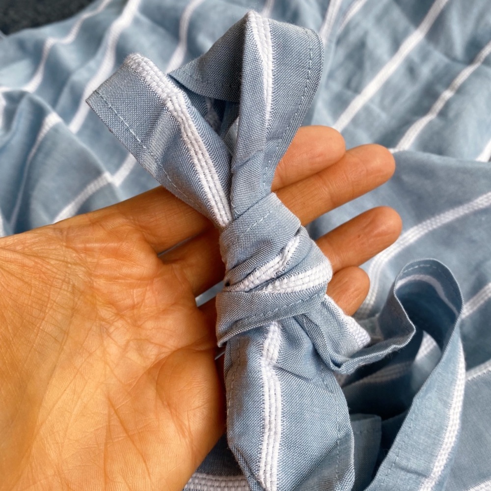 🦋 LOFT BOHO POWDER BLUE WHITE STRIPE BELTED RUFFLE SUMMER DRESS! - Picture 8 of 10